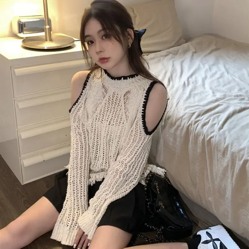 Đồ Len Trễ Vai Dài Tay, Màu Trắng, Dành Cho Mùa Hè Của Phụ Nữ, Vải Mỏng, Cạp Cao Ngắn, Dáng Rộng Vừa Vặn, Phong Cách Phương Tây, Áo Cao Cấp, Thiết Kế khoét