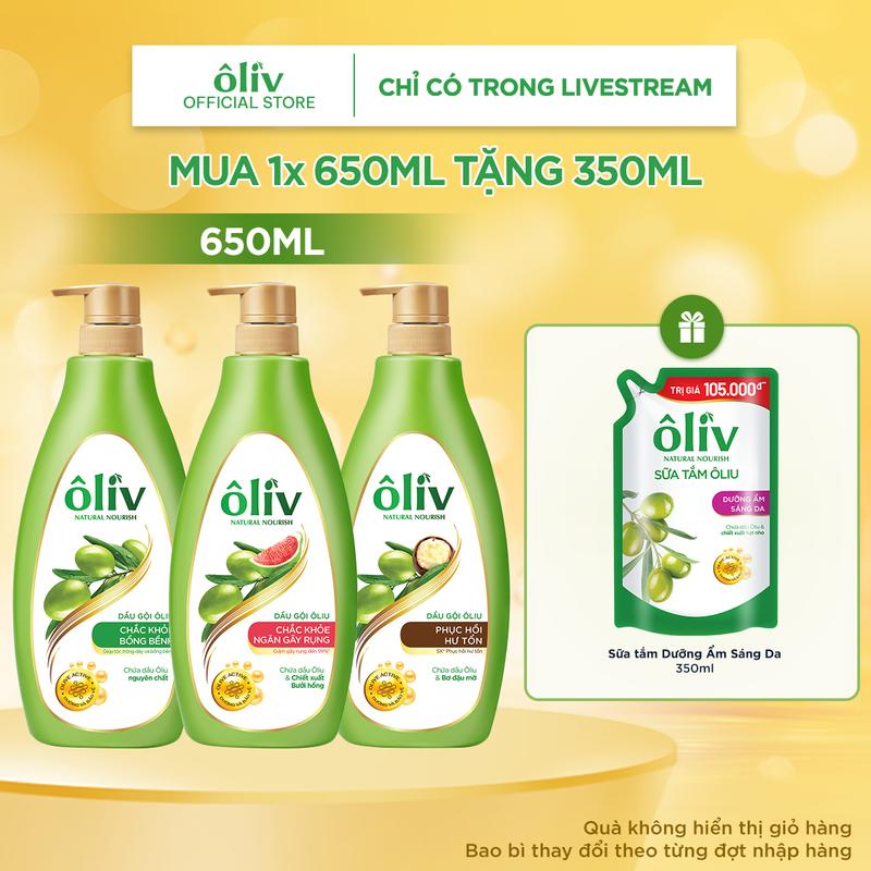 Combo Dầu Gội Ôliv Dưỡng Tóc Chắc Khỏe Ngăn Gãy Rụng 650ML + Tặng Túi Sữa Tắm Oliv Dưỡng Ẩm Sáng Da 350ML