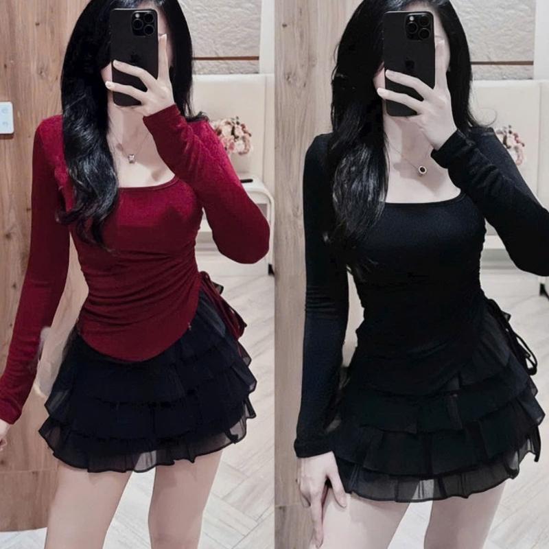  Set váy nữ tăm áo tay dài cổ tròn chéo tà rút dây sường mix chân váy voan tơ tầng dáng xòe  có lót  sang chảnh dành cho các nàng diện di chơi di tiệc.  Women 