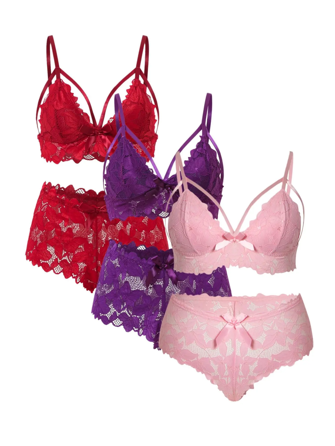 【Plus Size】 Floral Lace Underwear Set, Adjustable Strap Wireless Bra & Bow Decor Panty Set, Underwear Sets, Women's Lingerie Set for All Seasons