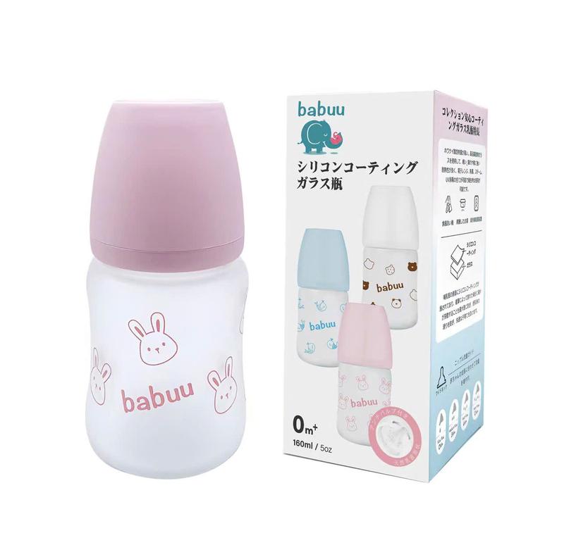 Bình sữa thủy tinh bọc silicone cho bé sơ sinh Babuu cổ rộng 160ml với núm ti siêu mềm và có thể điều chỉnh khớp ngậm cho bé 3