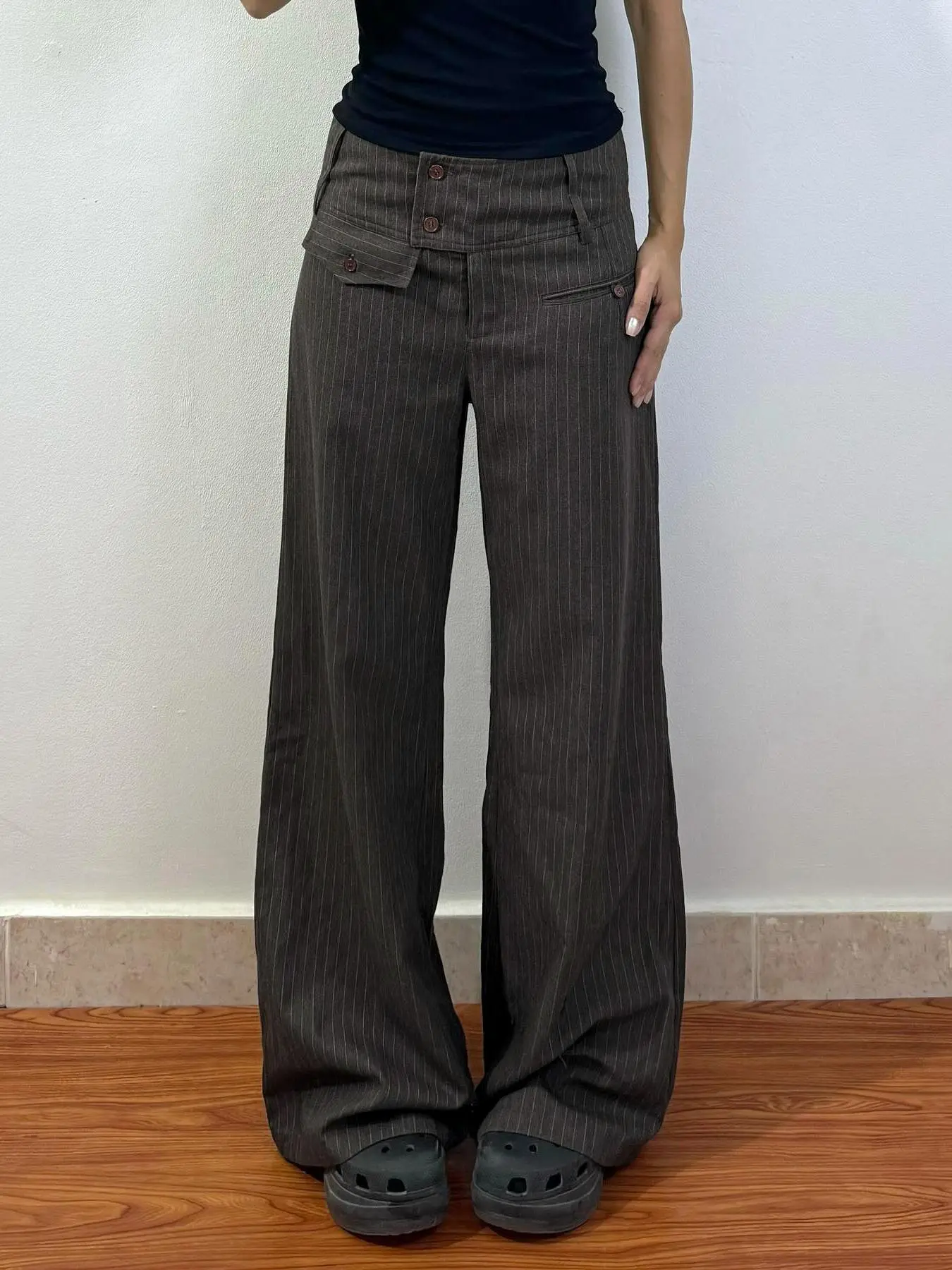 Women's Striped Print Button Straight Leg Pants, Casual Comfy Pocket Trousers for Daily Wear, Ladies Bottoms for All Seasons