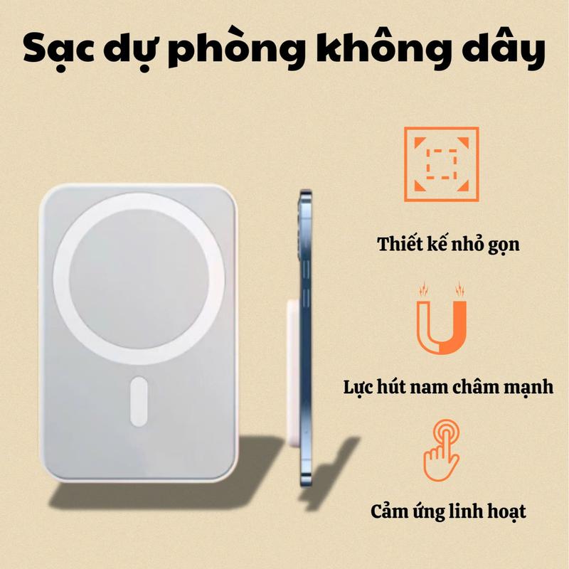 Tặng kèm dây sạc Usb+Vòng từ tính Sạc Dự Phòng Không Dây Magsafe 5000MAH tương thích với điện thoại IPHONE8 trở lên có chức năng sạc không dây