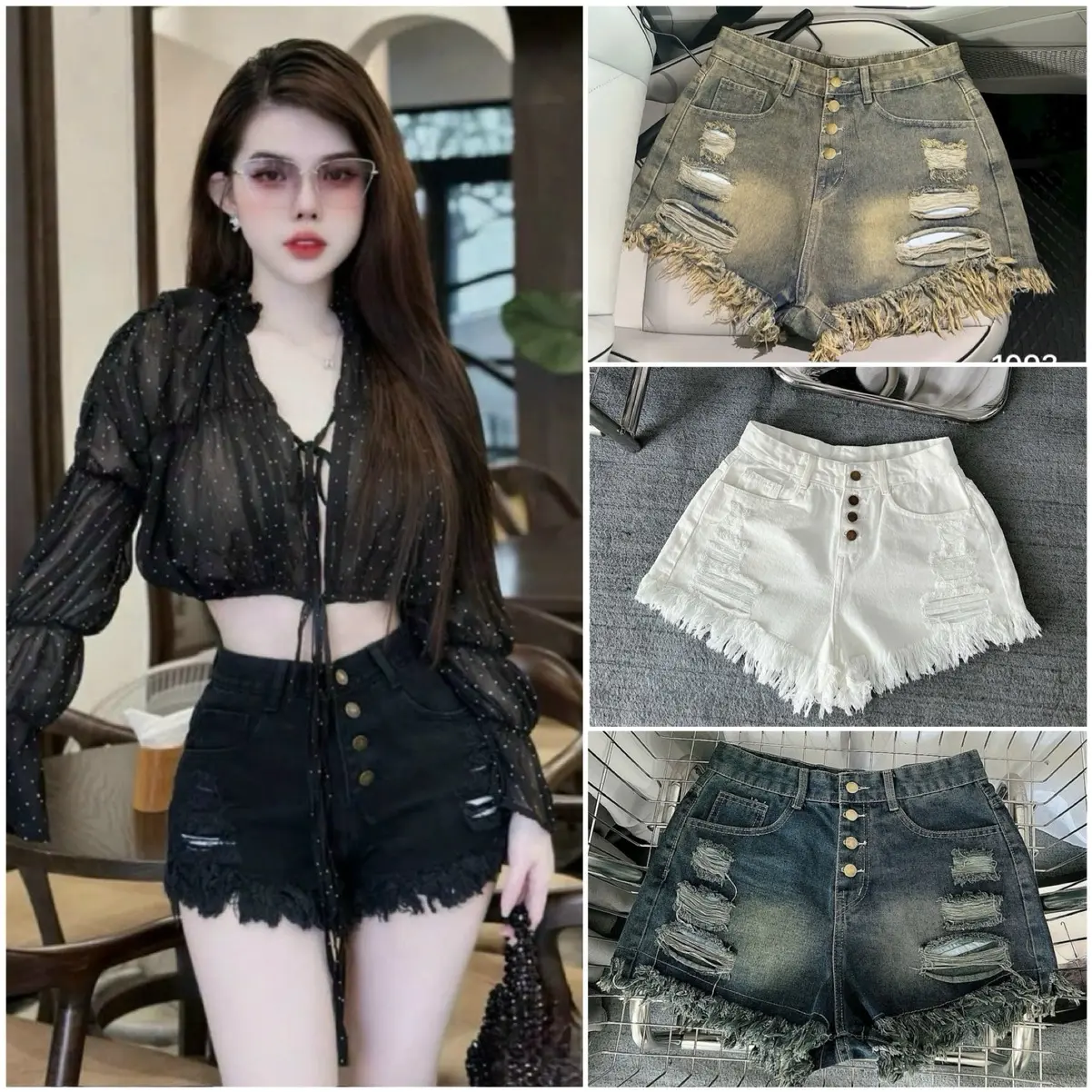 Quần short JEAN Lưng Cao 4 nút tua ruaHOTTREN ( Bigsize :55-90 kg ) MS :1093Nữ Women Đen Pants