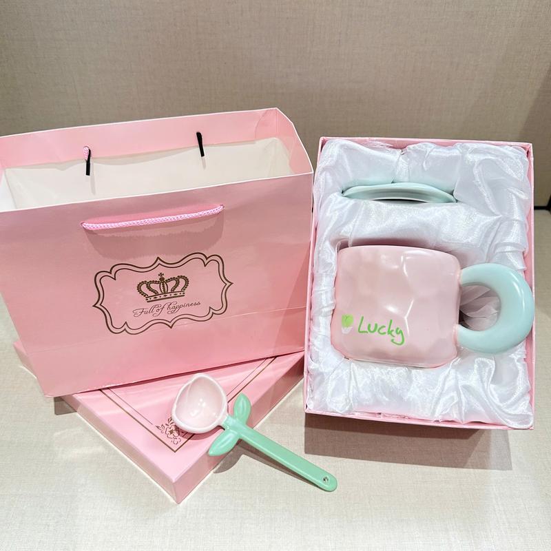 Ly cốc sứ hình hoa tulip 450ml, món quà sinh nhật tặng bạn gái cốc uống nước có nắp đậy kèm thìa-YJX