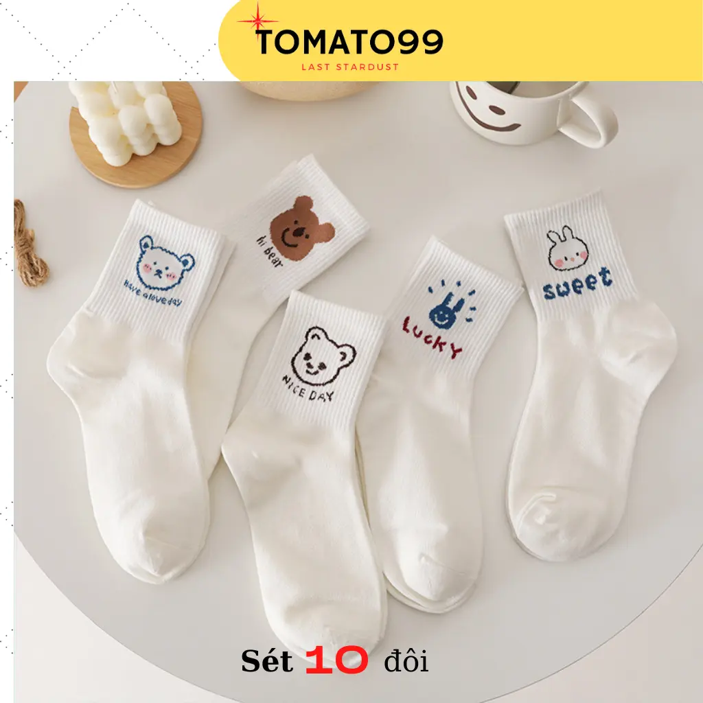 Tất cổ cao sét 10 đôi, Tất cao cổ hoạ tiết gấu - T02 Menswear Cotton