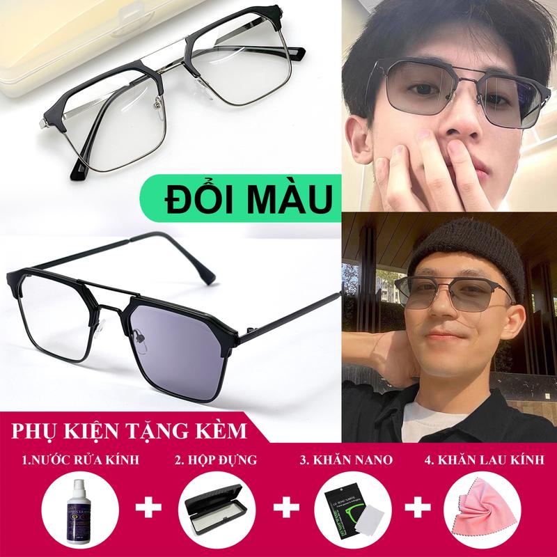 MÃ D1 Mắt kính đổi màu xám khói dang nữa viền góc cạnh nam nữ phong cách tổng tài