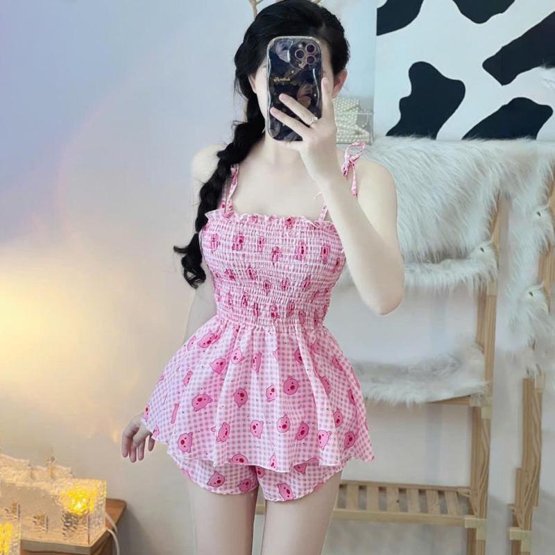 Product Introduction of VAY84 Đầm 2 Dây Nhún Chỉ In Họa Tiết Trái Tim, Pig, Chấm Bi & Kem Gấu - Thời Trang Nữ Màu Hồng Chất Liệu Kate Thoán 9