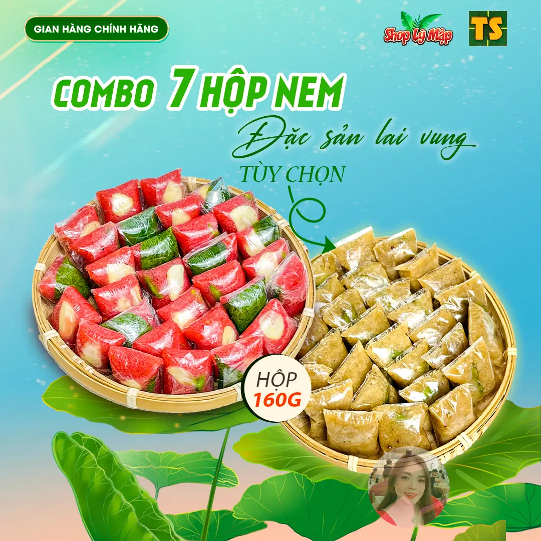 Combo 7 Hộp Nem Chua- Bì ớt xiêm xanh, tỏi, lá chùm ruột- Chính Gốc Lai Vung Đồng Tháp [160g/hộp] - Đặc sản Miền Tây