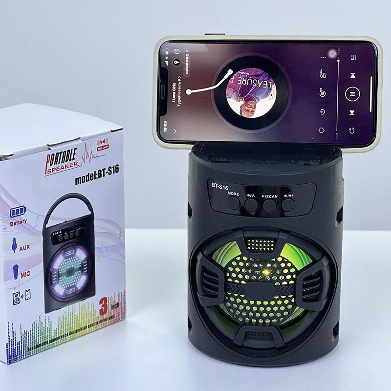 Loa Bluetooth BT-S16-BLACK có quai xách tay cầm tiện lợi âm thanh trầm ấm bắt tai có thể làm kệ để điện thoại được kết nối được tivi máy tính có đèn led nhấp nháy theo nhạc.nhạc