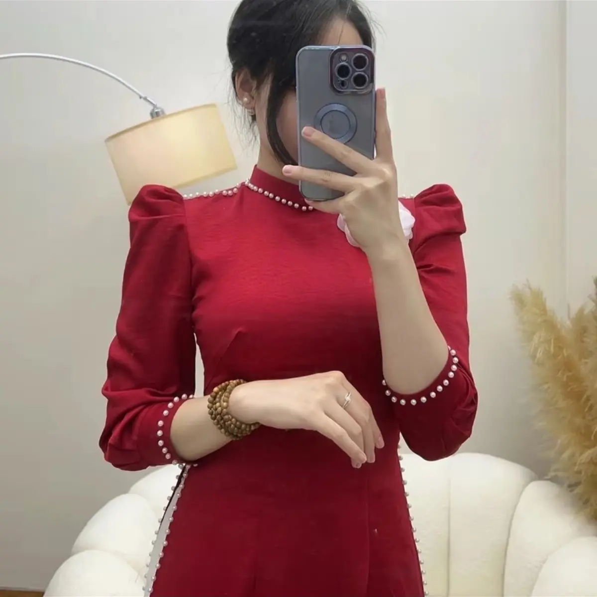 ￼Áo Dài Lụa Tây Thi Đính Hạt Trai Tay Bồng Cổ Truyền Thống Hàng May Sẵn ADNM001 - Áo Dài Ngọc Hoa