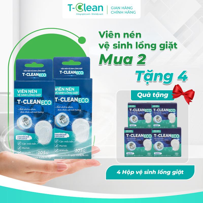   COMBO 2 Hộp 4 Viên Viên Tẩy Rửa Lồng Máy Giặt T-Clean Eco  140g x 2  - Làm Sạch Cặn Bẩn Khử Mùi Ngăn Ngừa Nấm Mốc Thân Thiện Môi Trường | Tặng 4 Hộp 1 Viên Nén Vệ Sinh  35g  