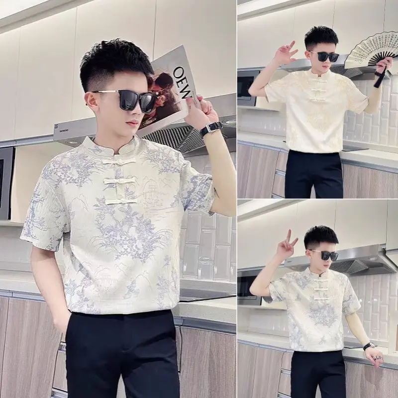 Men's Shirt, Men's Pure Cotton Embroidered Tang Suit Hanfu, Chinese Style Men's Short Sleeve Set, Men's Clothing Menswear Lingerie