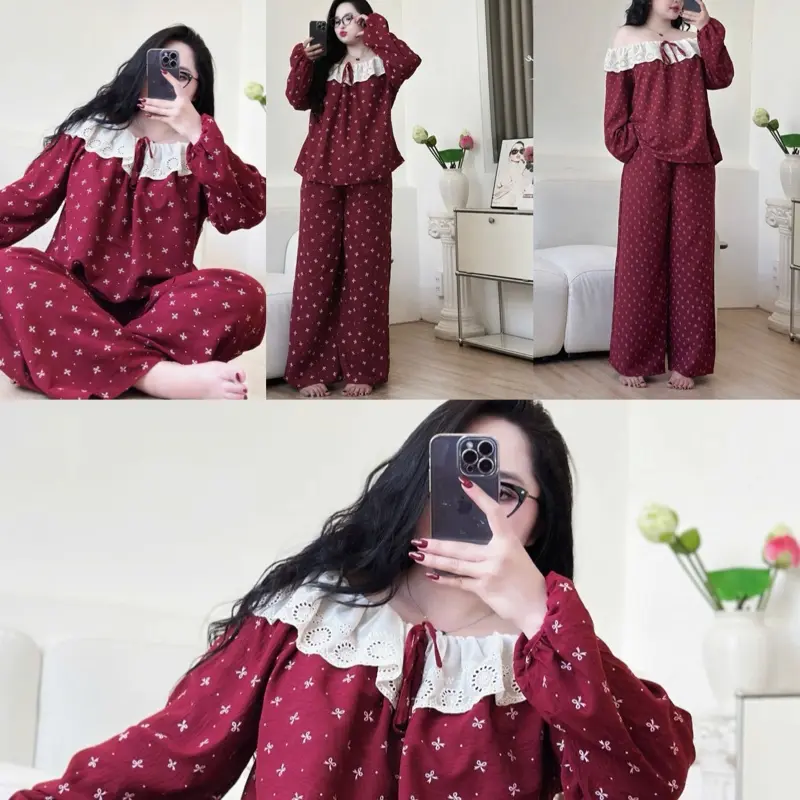 ￼Set Bộ Nữ BIGSIZE Dài ÁO REN THẮT NƠ + QUẦN DÀI 98cm Có Túi Phù Hợp Mùa Hè (Bigsize45-90kg)
