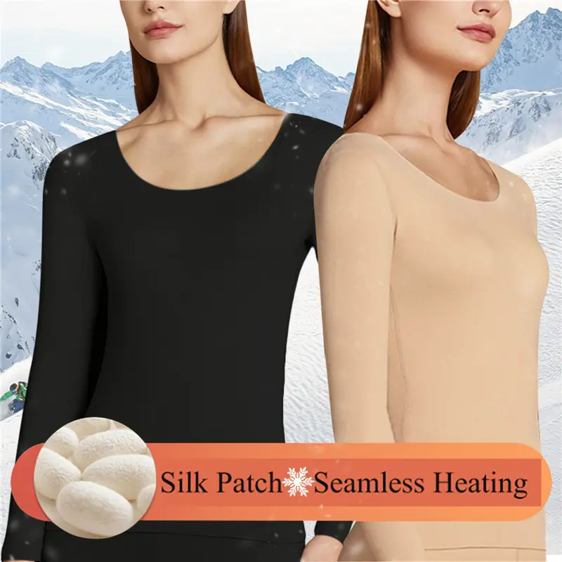 Women Thermal Velvet Underwear Set Winter Warm Long Sleeves Bottoming Shirt Underwear Heating Fiber Thermal Knitted Top Female