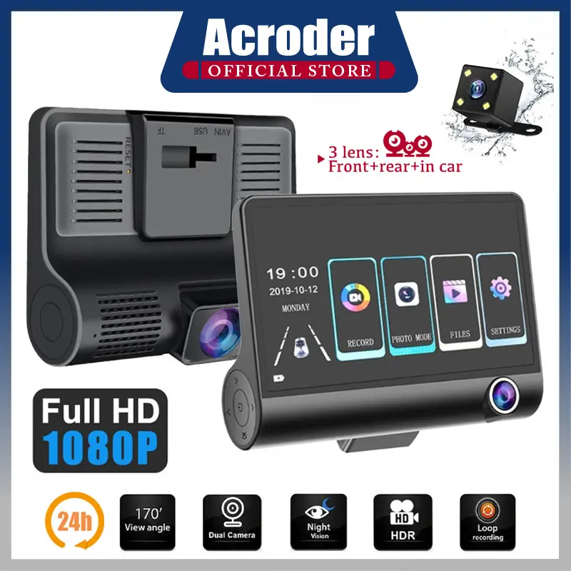 Acroder Dashcam Mobil S18 1080P Full HD 24 Jam Loop Recording dengan 3 Lensa Depan Belakang dan LCD TFT 4,0 Inci