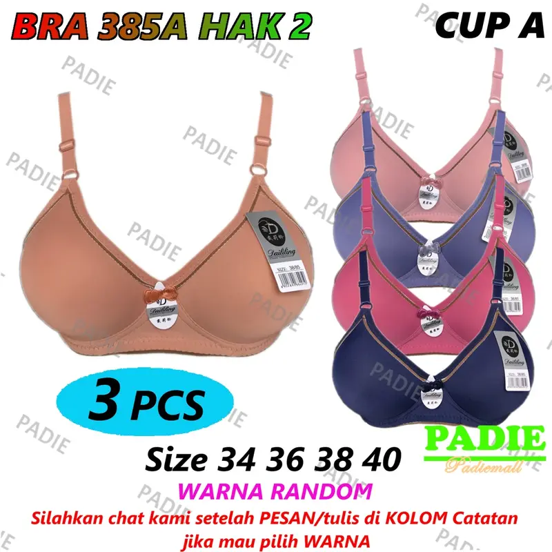 PADIe - 3 PCS BH / Bra Wanita Cewek Remaja/ABG/Dewasa DAILILING 385A Cup A Busa Sedang Tanpa Kawat Kaitan 2 Size 34 - 40 0