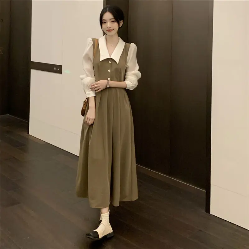 Spring Autumn Women's Elegant Fashion Fake Two Pieces Dress Female Vintage Patchwork Waist Robe Ladies Long Sleeve Maxi Vestidos