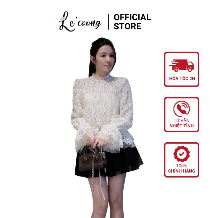 Set Váy Tiểu Thư Bán Lẻ Áo Ren Hoa Nhún Eo LECOONG A23 CV23 Chân Váy Màu Đen Sang Chảnh