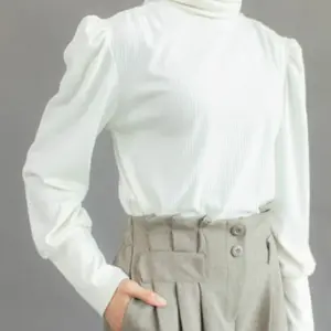 Hi.PRIMA - Venisha Puffy Sleeves Turtleneck Tops Cotton Rib