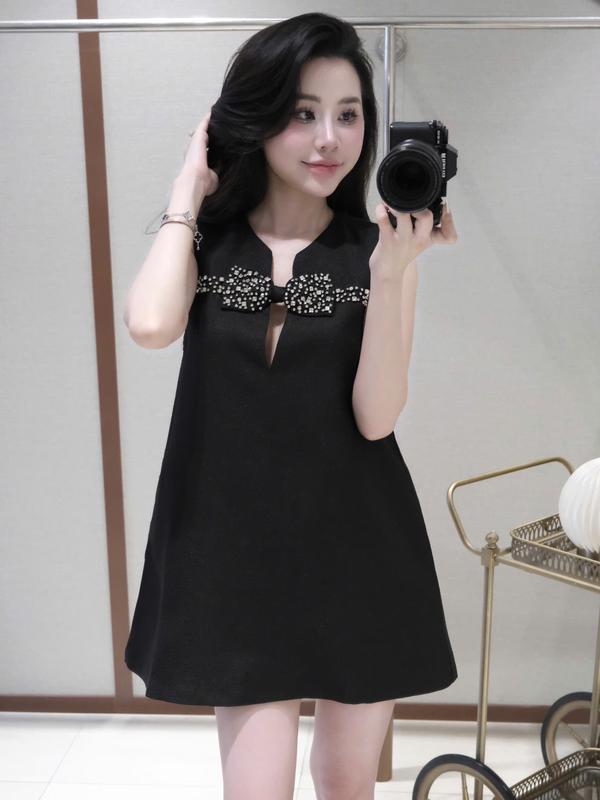 DBD536 - Váy dạ dáng babydoll SN phối nơ ngực đính đá, màu Đen, chất liệu cao cấp, (LINH HOÀNG DESIGN), top, nữ, women