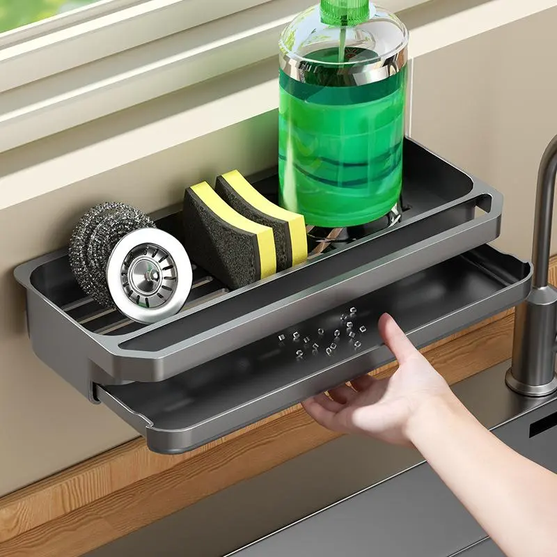 Kitchen Sink Storage Rack, Space Saving Kitchen Sink Organizer with Towel Rack, Multifunctional Wall Mounted Sponge Storage Rack