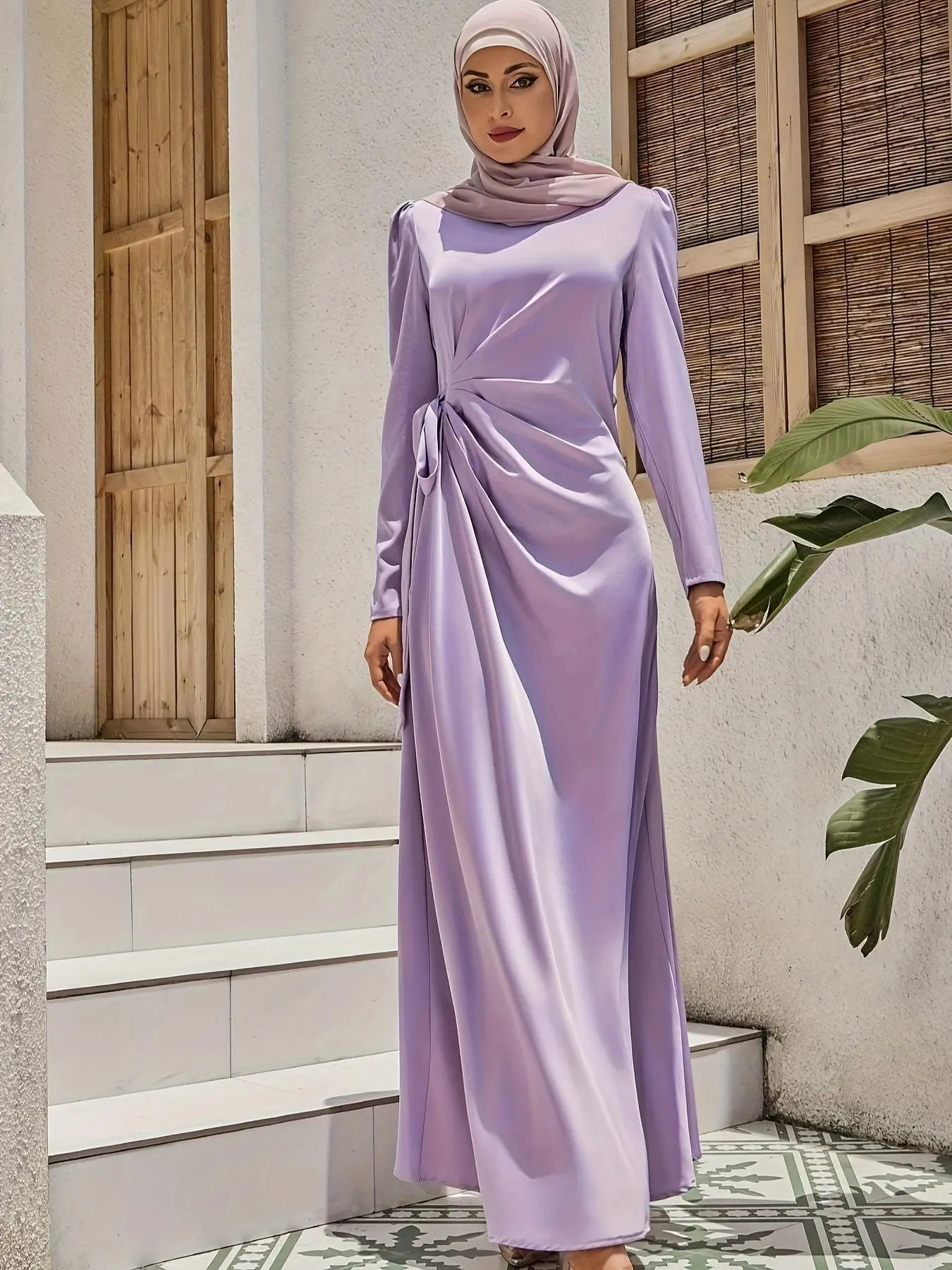 Women's Plain Knot Side A Line Dress without Hijab, Elegant Long Sleeve Ruched Long Dress for Holiday Wedding Guest, Ladies Clothes for All Seasons