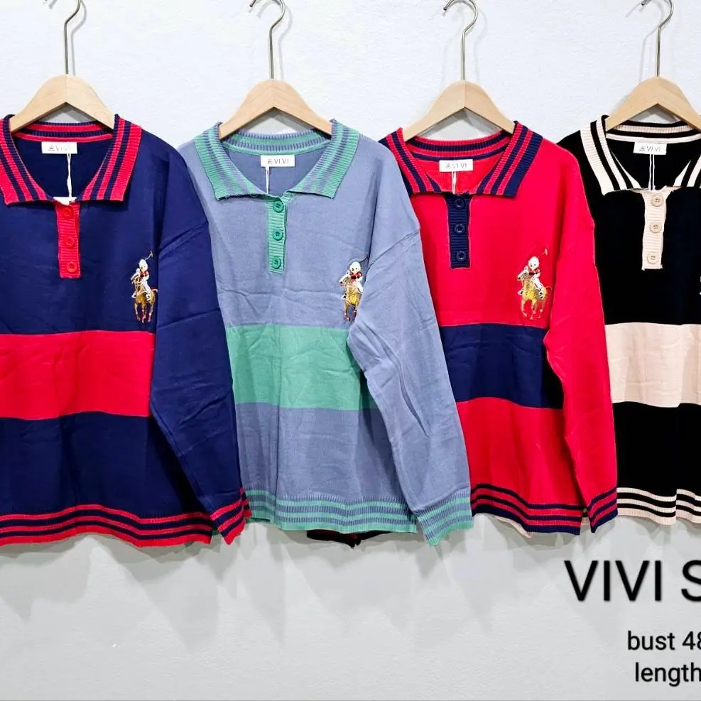 เสื้อไหมพรมคอปกแขนยาวลายริ้วปักโปโลVivi