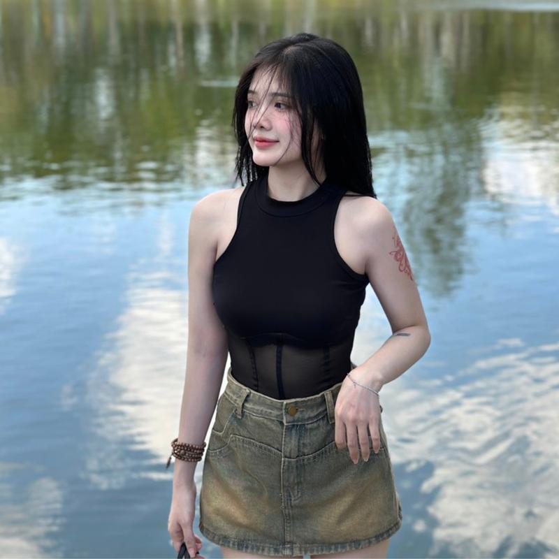 Áo kiểu nữ 3 lỗ chất thun Borip phối lưới PLA284