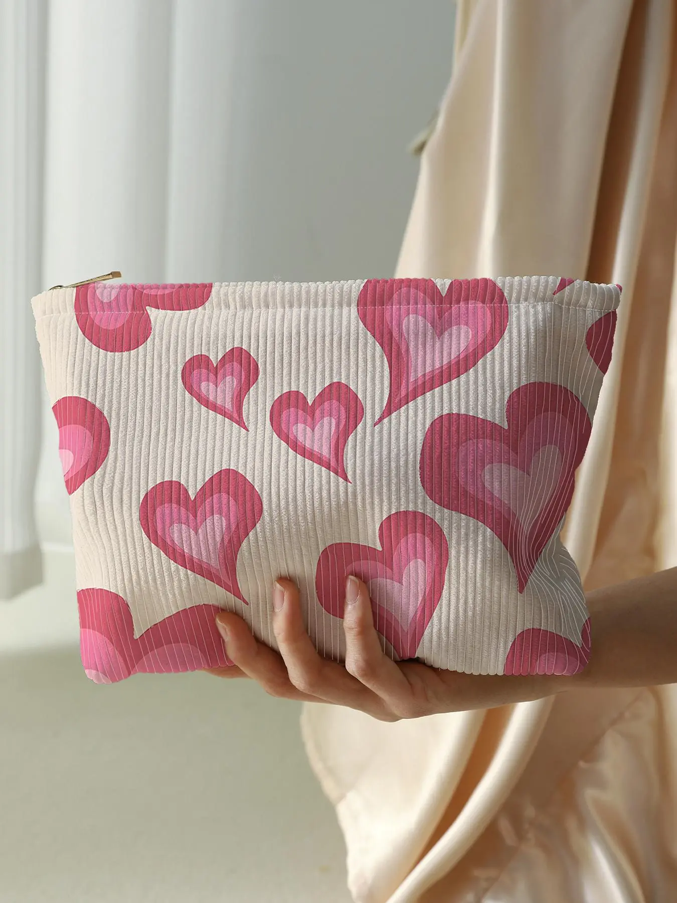 Heart Pattern Corduroy Makeup Bag, Large Capacity Zipper Cosmetic Storage Bag, Toiletry Bag for Women & Girls, Lightweight Multi-functional Bag, Travel Essentials, Valentine's Day, Gift