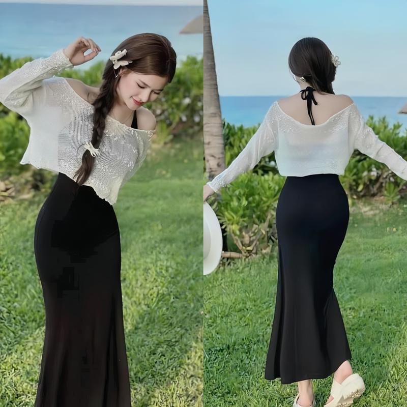 Set dầm nữ tăm lạnh 2 dây cổ yếm dáng xòe dài kèm khoác ngoài ren dài tay sang chảnh dành cho các nàng diện di chơi,di tiệc. Women Top