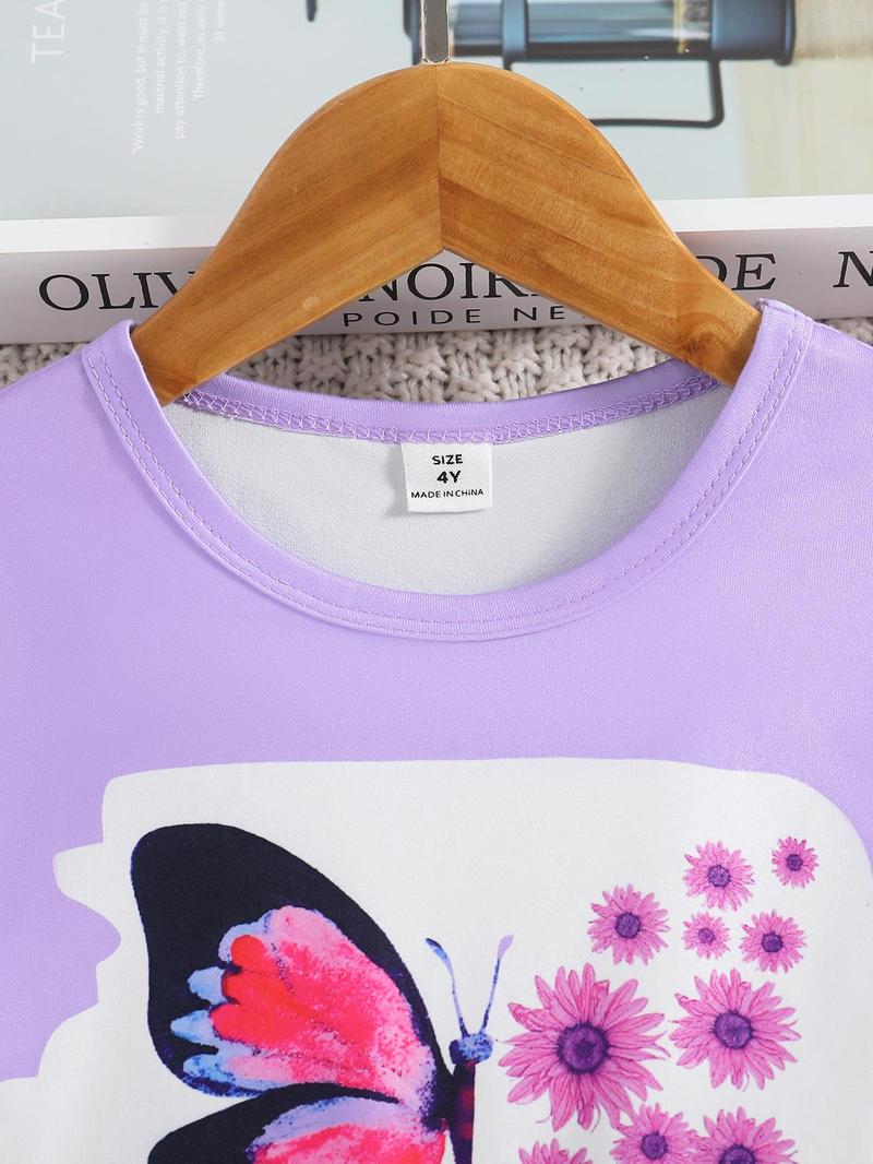 Product Introduction of Girl's Butterfly & Floral Print Tee & Flare Leg Pants Two-piece Set, Casual Fashion Round Neck Short Sleeve T-shirt & Bell Bottom Trousers for Daily Wear, Kids Summer Clothes 3