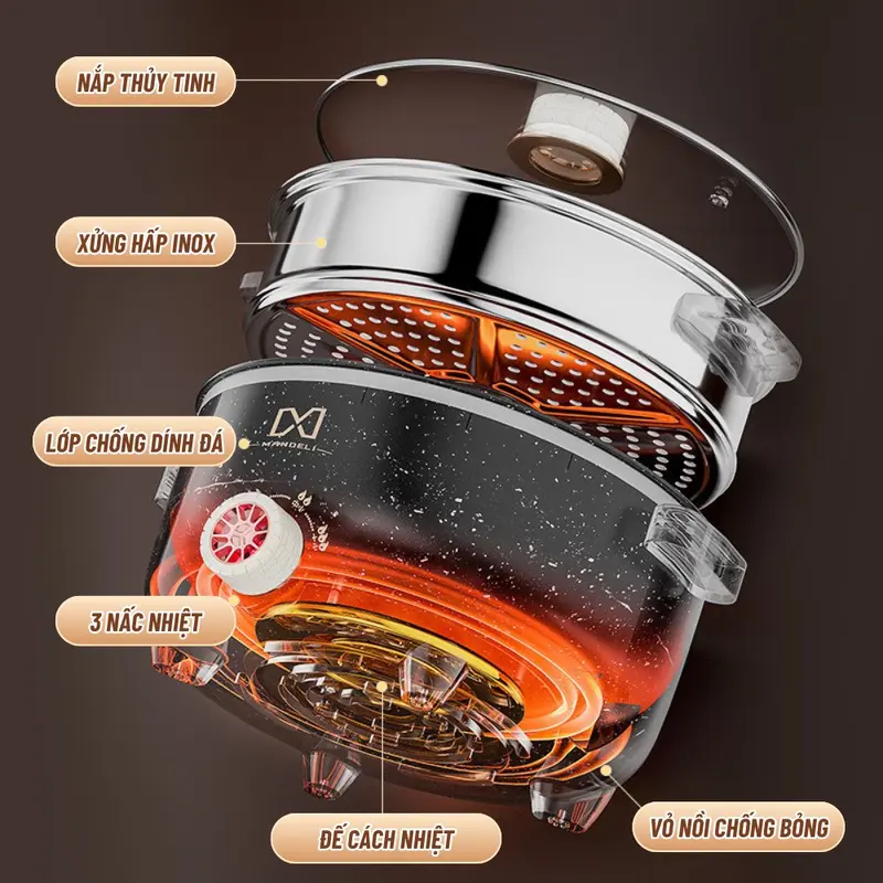 Nồi lẩu điện đa năng dung tích 4L công suất 1000W với 3 nấc nhiệt độ điều chỉnh thiết kế chống dính kèm xửng hấp 2