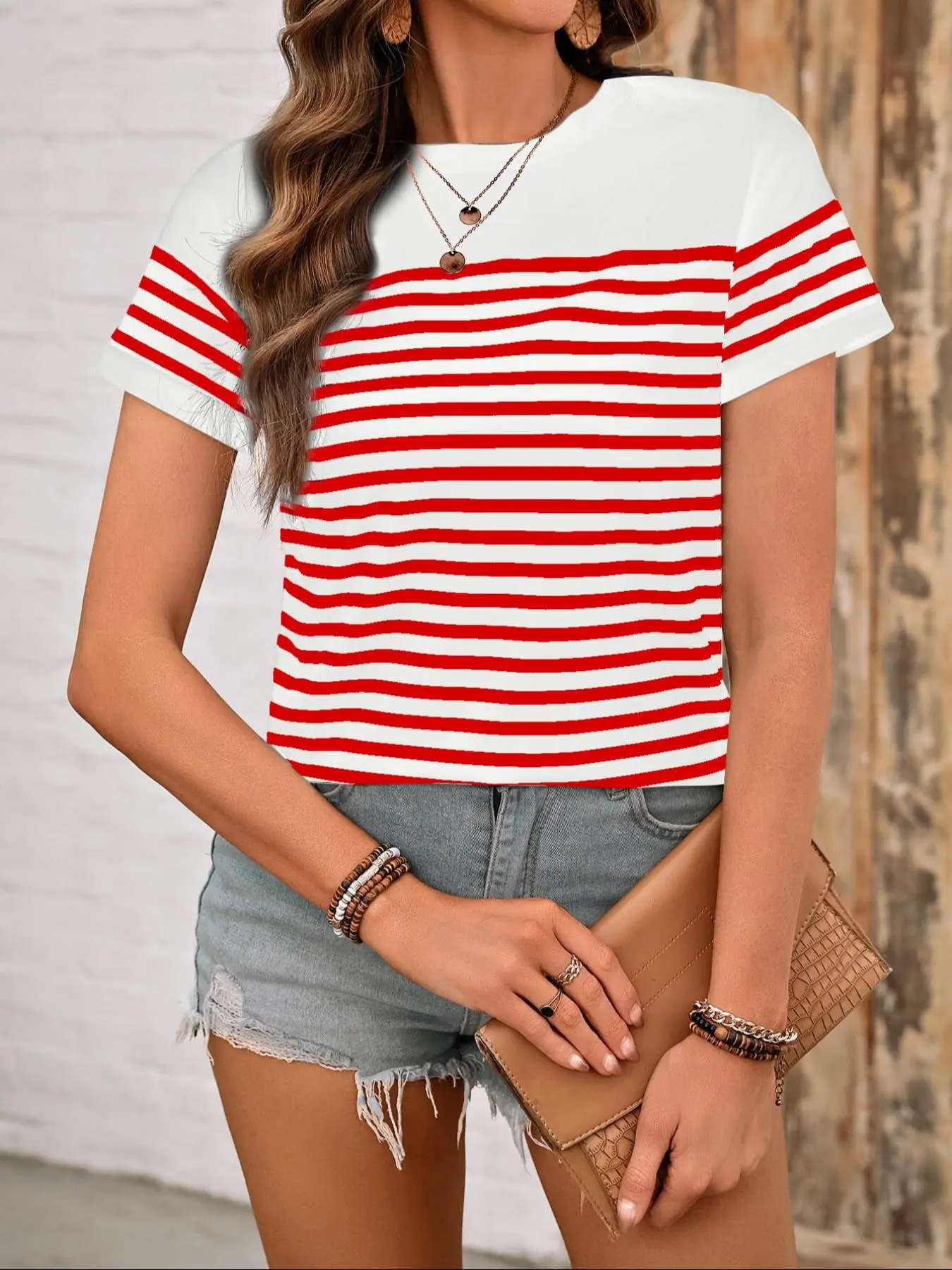 Women's Striped Print Round Neck Tee, Casual Short Sleeve Crew Neck T-shirt for Daily Wear, Ladies Clothes for All Seasons, Top