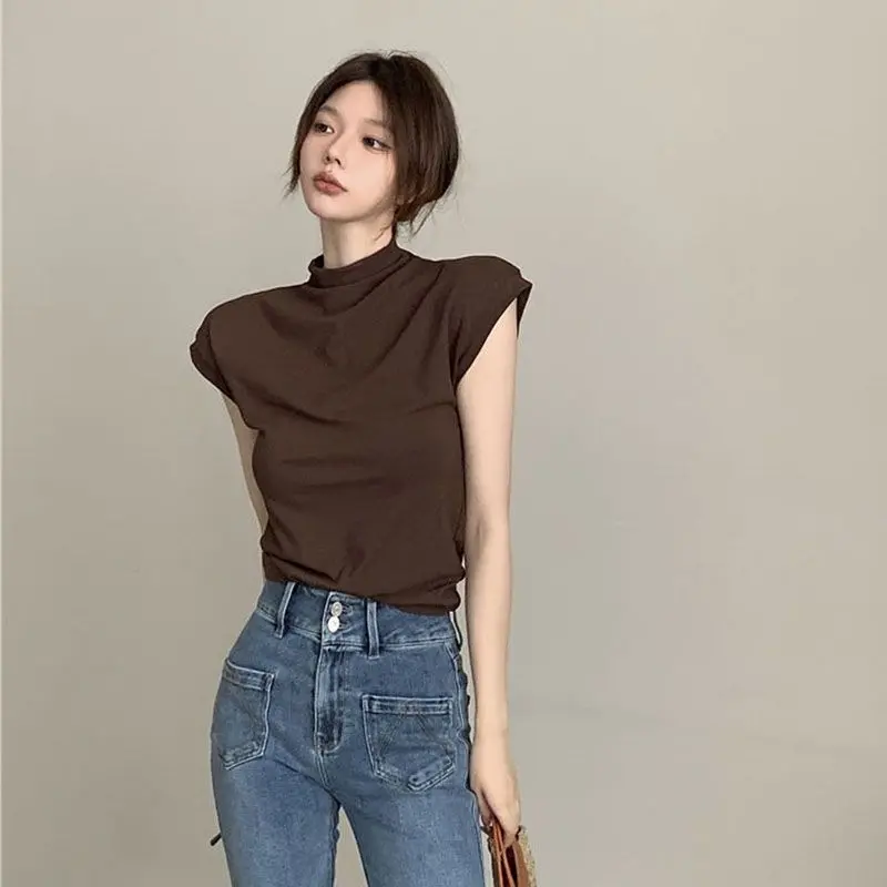 Pure Desire Slim Fit Inner Wear Bottoming Shirt for Women Summer Turtleneck Pullover Half Turtleneck Short Sleeve American Sweet Cool Hot Girl Top for Women Womenswear Lingerie Comfort Tshirt Basic Minimalist jennie  kim  dance  practice  shirt