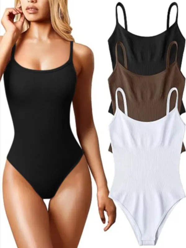 Sporty Women's Plain Button Adjustable Strap Cami Sports Skinny Bodysuit, Casual Sport High Stretch Tight-Fitting Sleeveless Bodysuit for Yoga Gym Workout, Ladies Sportswear for All Seasons Womenswear Tops Slim 4