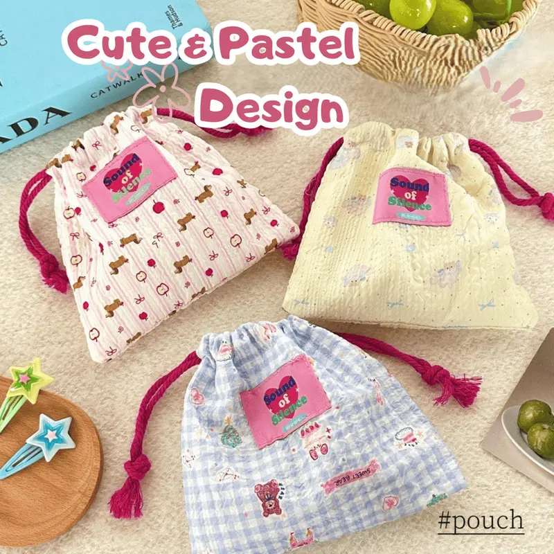 Cute & Pastel Design Drawstring Pouch Tempat Penyimpanan Kapasitas Makeup Pouch Korea Aesthetic Cosmetic 0