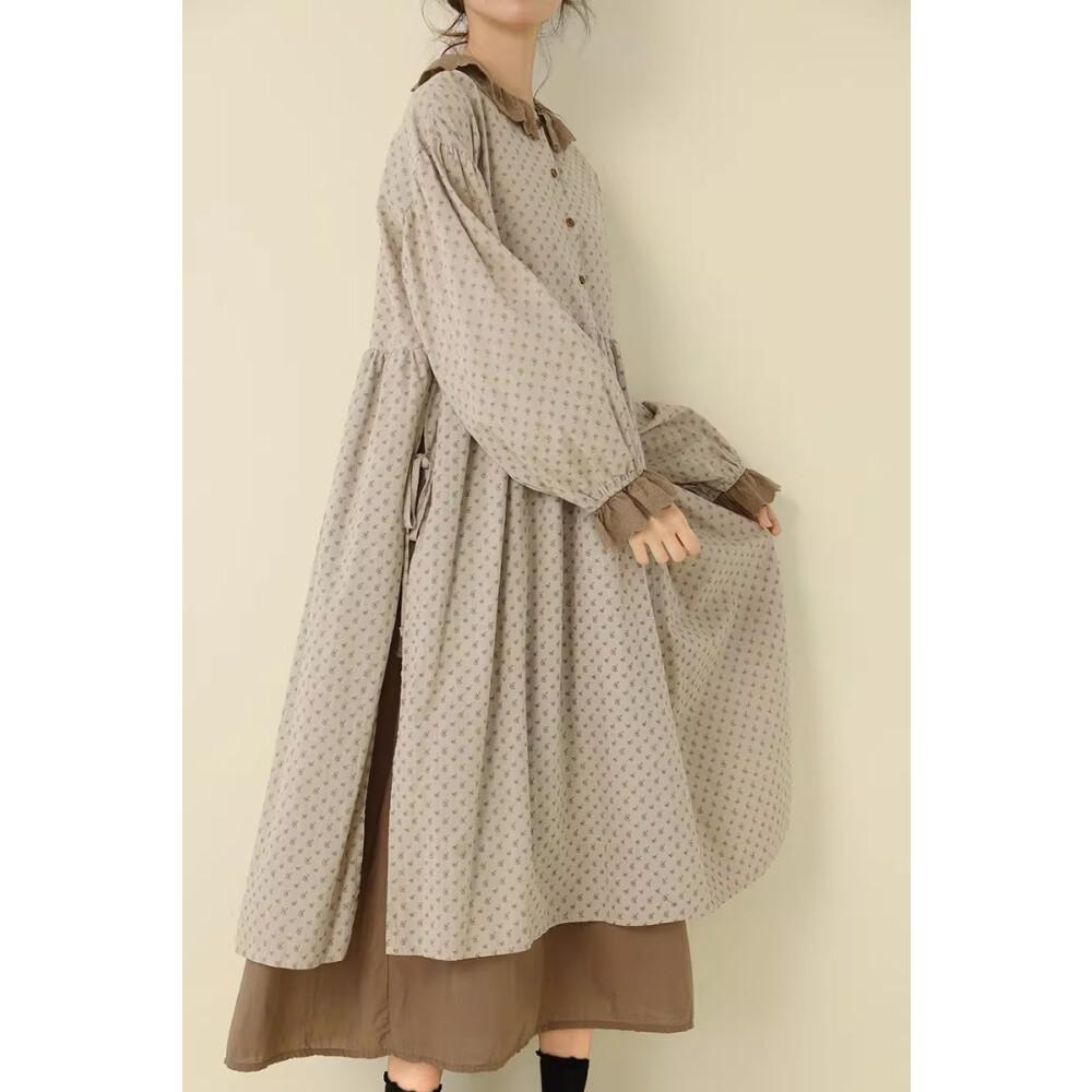 CHICMORE Gaun Manis Kerah Setengah Terbuka Bermotif Bunga Lengan Panjang