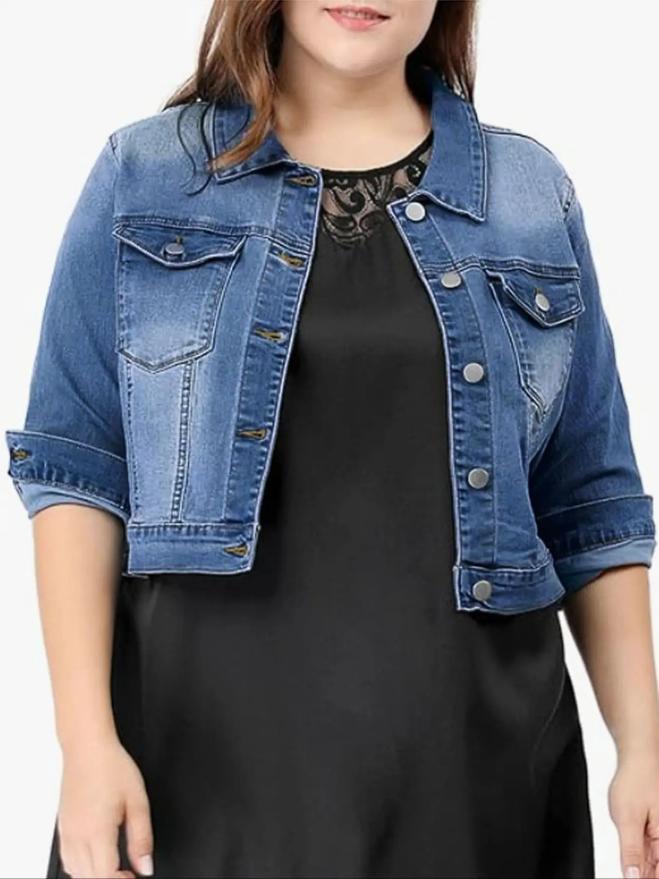 [Plus Size] Faded Button Front Pocket Denim Jacket, Casual Long Sleeve Collared Outerwear, Women's Plus Size Clothing for Daily Wear
