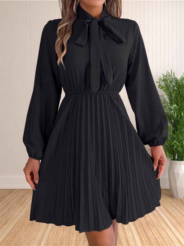 Women's Plain Knot Front Pleated A Line Long Sleeve  Dress, Elegant Bishop Sleeve Tie Neck Short Dress for Fall & Winter, Women's Clothing for Daily Wear 0