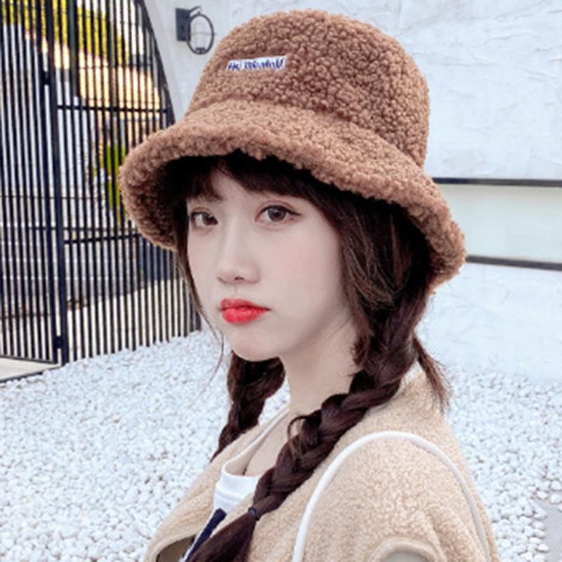Product Introduction of Lamb Wool Bucket Hat Winter Warm Hats For Women Lady Thicken Flat Top Cap Panama Outdoor Fisherman Hat Caps Letter Embroidered Hat Fisherman Cap 56-58 cm 29