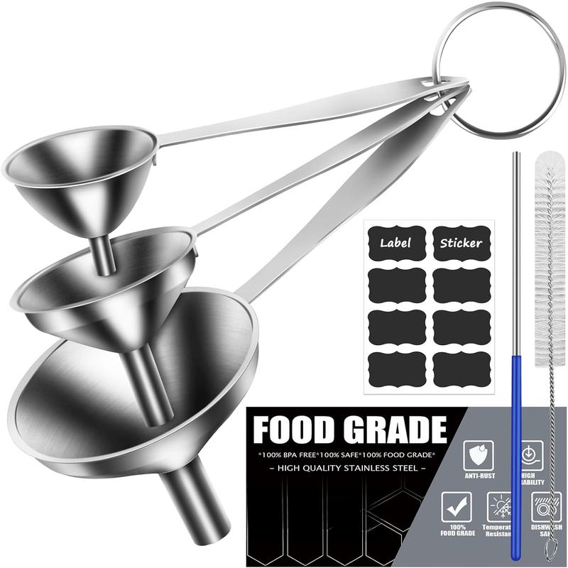 3 count Stainless Steel Kitchen Funnel Set with Long Handle, Grade 3-in ...