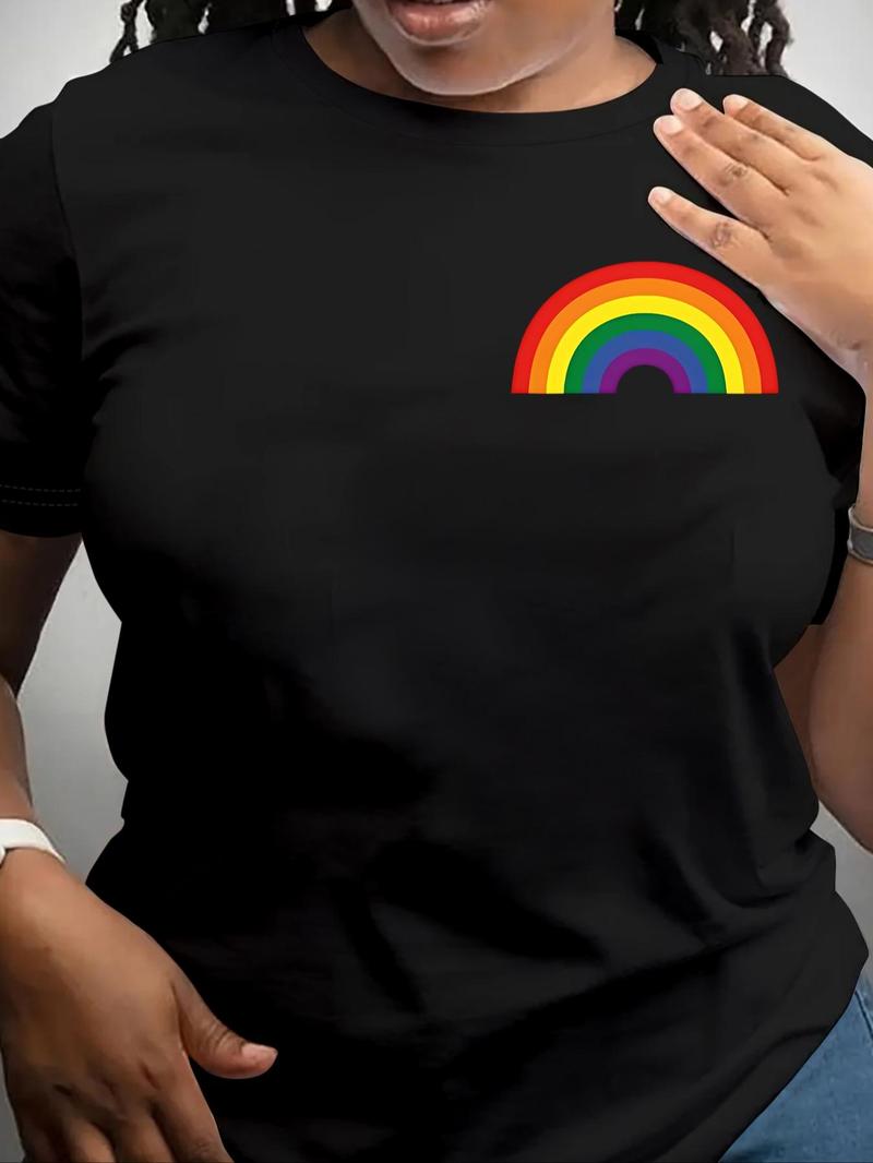 Product Introduction of Plus Size Rainbow Print Round Neck Tee, Casual Short Sleeve Crew Neck T-Shirt for Summer, Women's Plus Clothing for Daily Wear 5