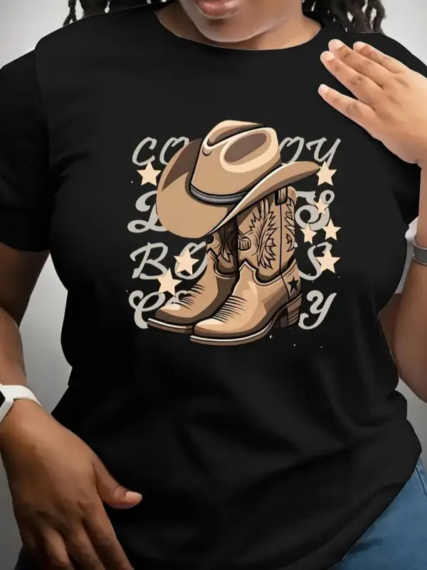 Women's Cowboy Boot & Hat Print Round Neck Graphic Tee, Vintage Trendy Casual Short Sleeve T-shirt for Daily Wear, Ladies All Seasons Outfit 0