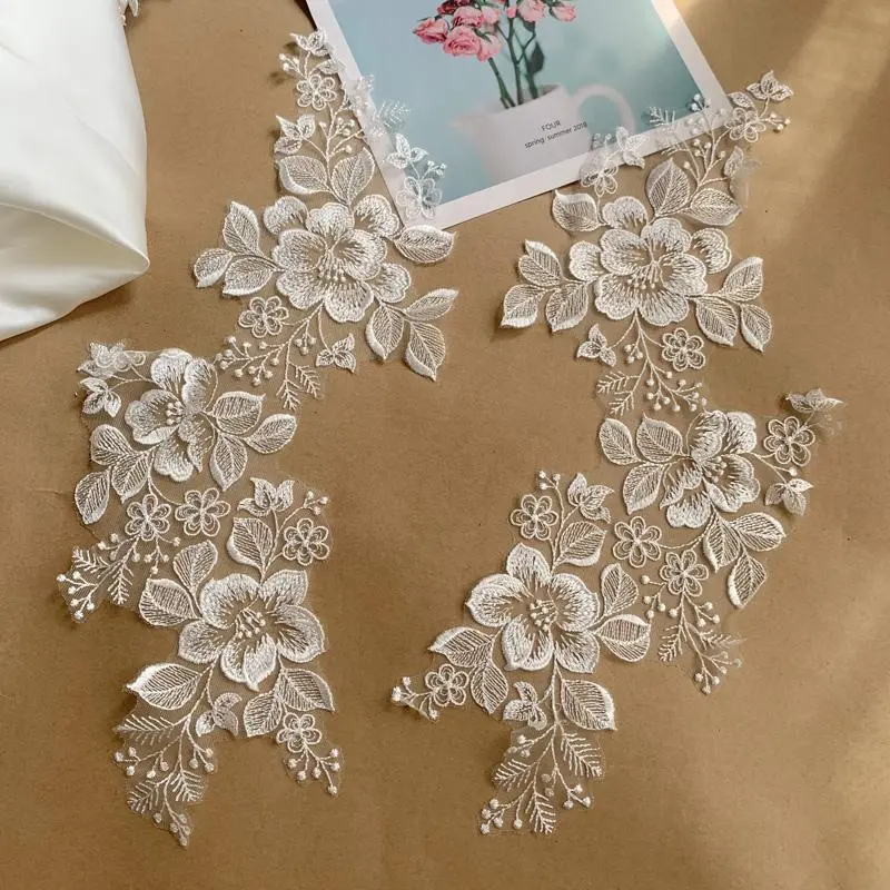 Flower & Leaf Embroidered Lace Applique, 1 Pair Exquisite Lace Applique, DIY Sewing Accessories for Wedding Party Decoration