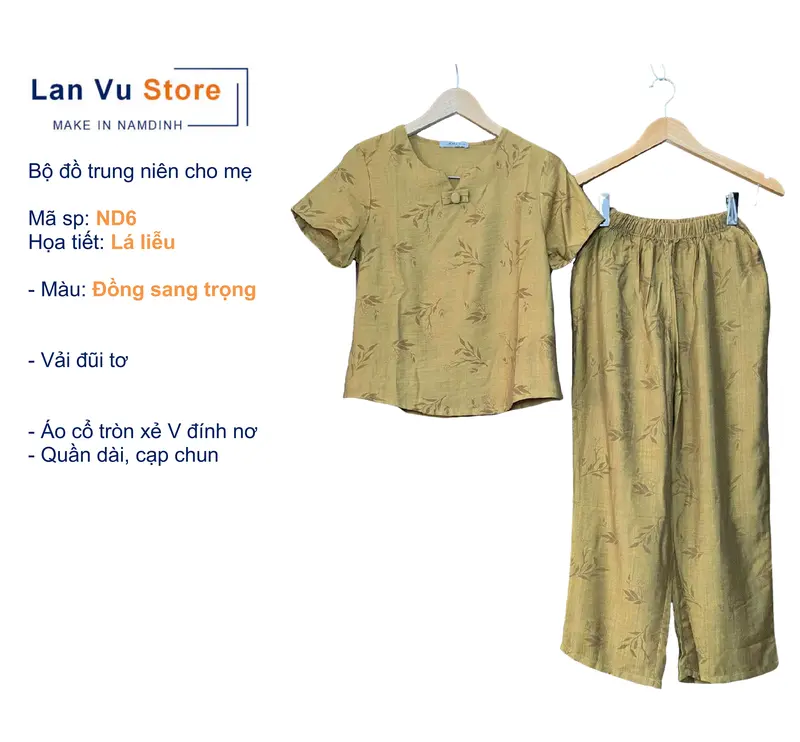 ND6 Bộ cho Mẹ, Bộ Trung Niên, Bộ mặc nhà, LANVU STORE Make in Namdinh, Họa tiết Lá liễu, Áo Cổ tròn xẻ V đính nơ, Quần suông dài 9 tấc có túi, Vải đũi tơ thoáng nhẹ Nữ Women Voi setdongu cute đồ macnha 5