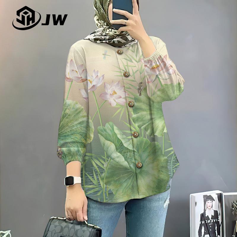 Product Introduction of Women's Muslim shirt elegant and colorful flower oversized loose long sleeved top, beautiful button style affordable and comfortable long sleeved shirt 33