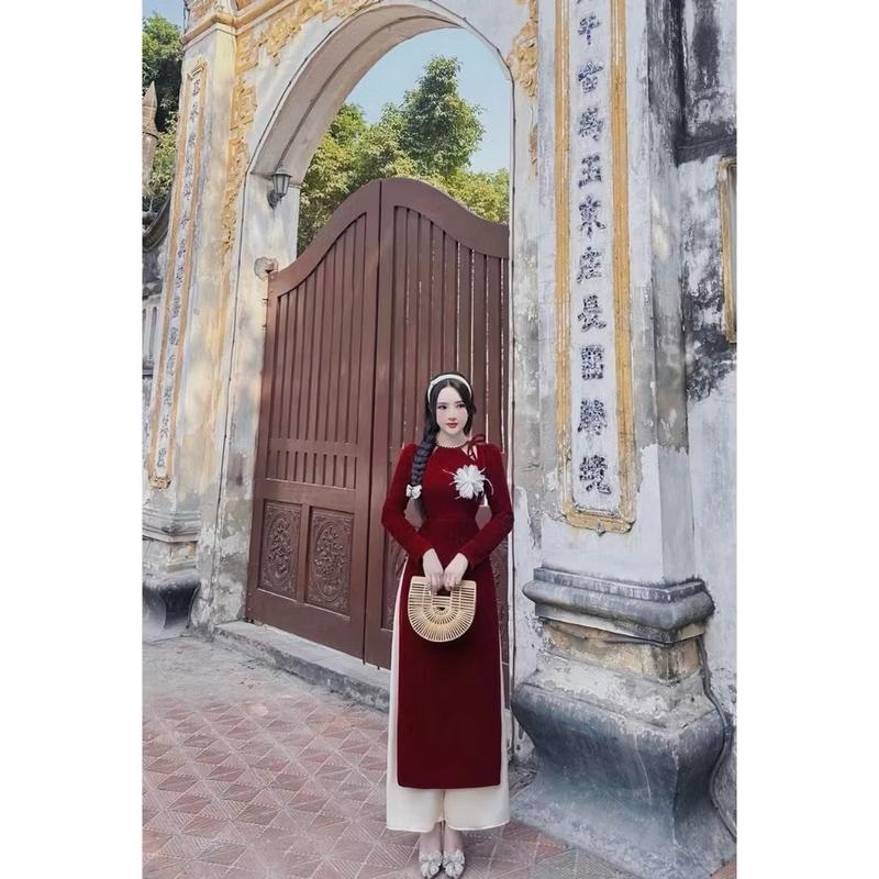 Product Introduction of set ao dài nữ chat vai nhung quần lụa tuyet nhung di du xuan Women( ko co hoa cai) Dress 12