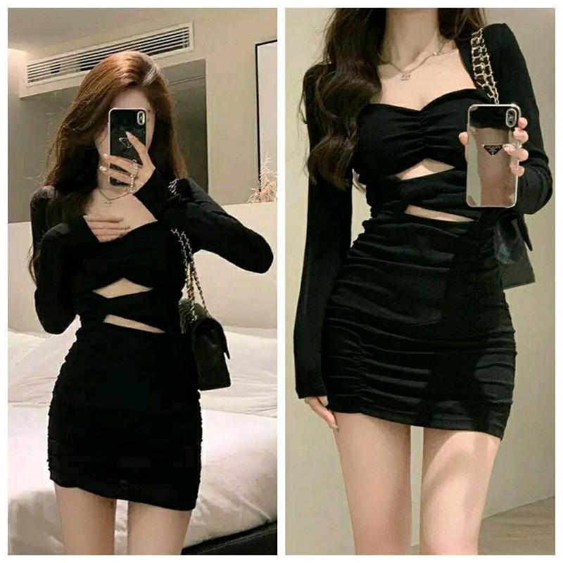  Đầm body đầm tay dài xoắn eo sang chảnh Đ189 CÓ MÚT Nữ Women Nhung Dress Màu Đen 