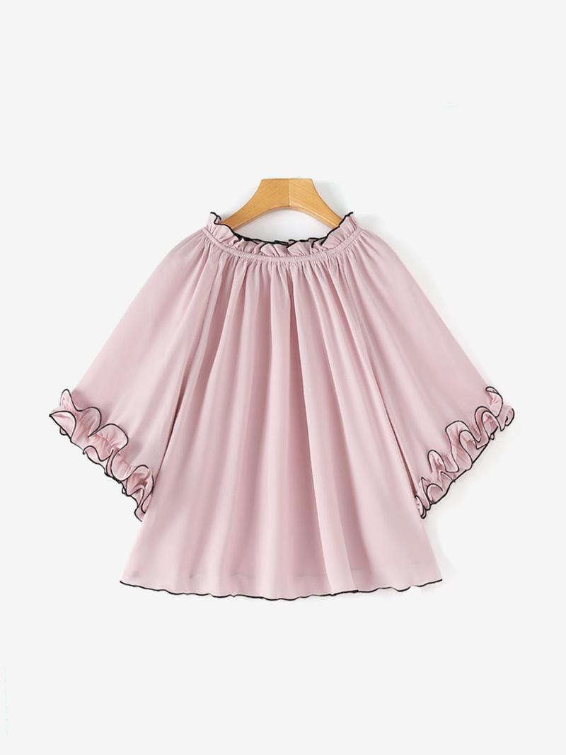 Product Introduction of Women's Plain Contrast Binding Frill Trim Pleated Blouse, Casual Batwing Sleeve Boat Neck Top for Spring & Fall, Women's Clothing for Daily Wear 3